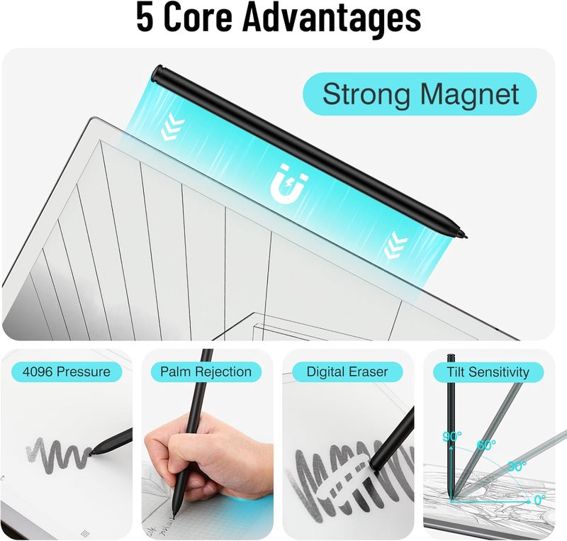 abasuto Magnetic Stylus Pen for Remarkable 2 Pen with Eraser, Digital Replacement Pen for Remarkable 2 Stylus Alternative Marker Plus, 4096 Pressure Sensitivity, Palm Rejection, Tilt Support with 5 Pen Tips - Image 3